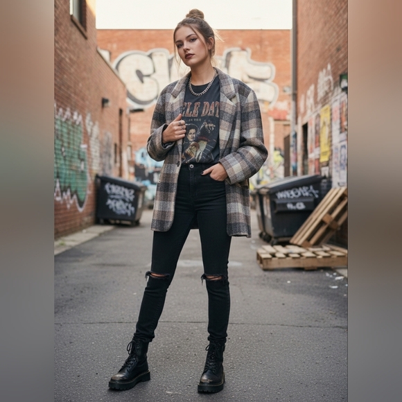 PRIVATE CONCEPTS WOMAN Plaid Neutral Blazer with Button Closure Wool Blend XL - Picture 4 of 17